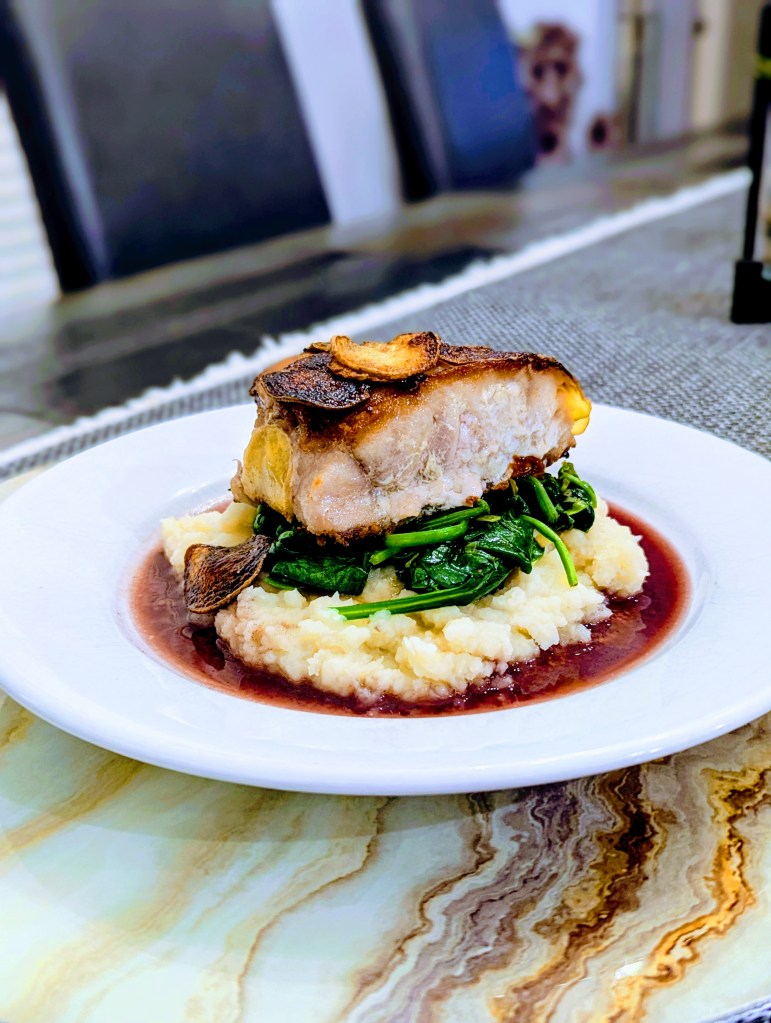 First Attempt - Potato Crusted SC Tilefish, Sauteed Leeks and Spinach, Potato Puree with Red Wine Reduction - Portrait