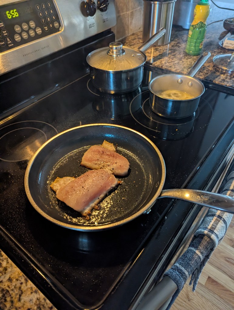 Pan Searing Snapper, Herbed Carolina Gold Rice Keep Warn, Lemon Caper Sauce Reducing - Portrait Close