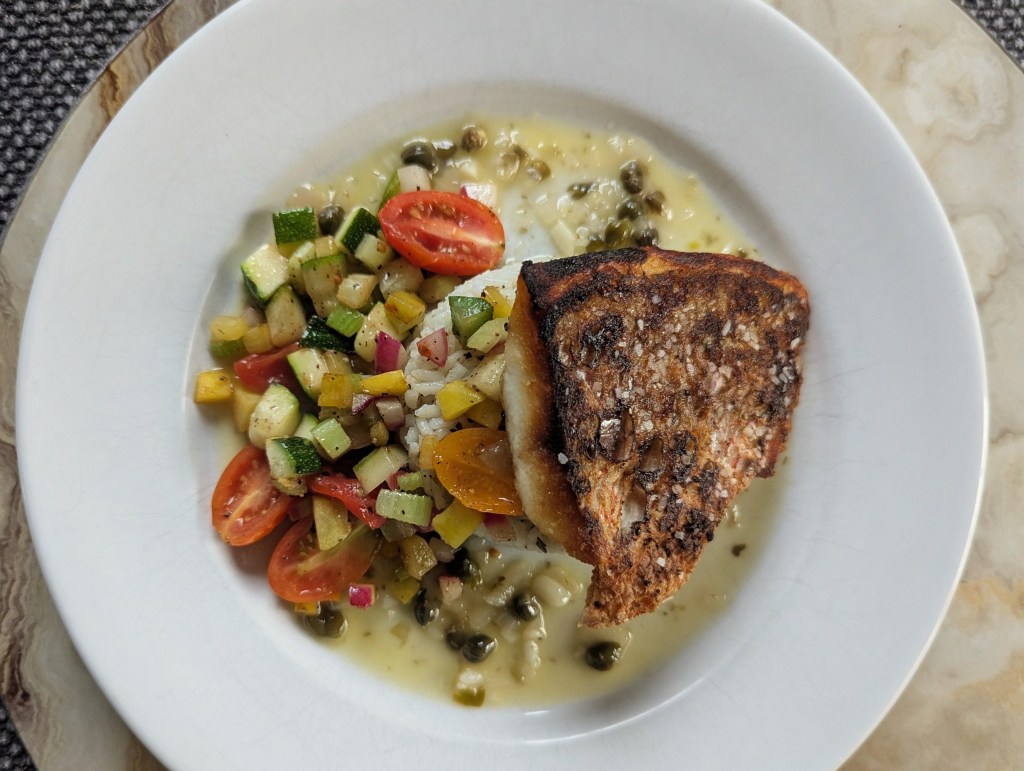 Local Red Snapper, Herbed Carolina Gold Rice, Succotash with Lemon Caper Sauce - Top