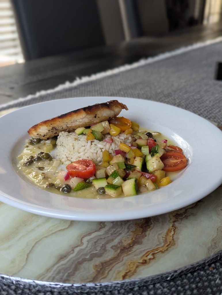 Local Red Snapper, Herbed Carolina Gold Rice, Succotash with Lemon Caper Sauce - Portrait