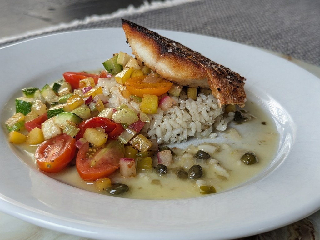 Local Red Snapper, Herbed Carolina Gold Rice, Succotash with Lemon Caper Sauce - Portrait Close