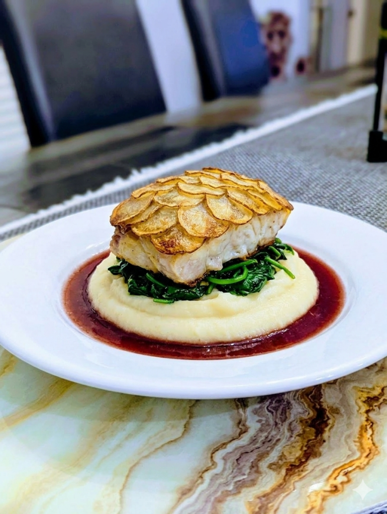 Second Attempt - Potato Crusted SC Tilefish, Sauteed Leeks and Spinach, Potato Puree with Red Wine Reduction - Portrait