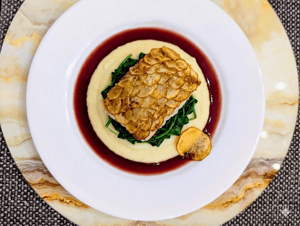 Second Attempt - Potato Crusted SC Tilefish, Sauteed Leeks and Spinach, Potato Puree with Red Wine Reduction - Top