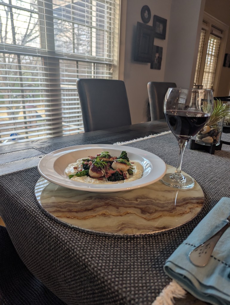 Seared South Carolina Scallops, Charred Broccolini, Bacon, Clemson Blue Cheese Grits with Habanero Butter Sauce - With Gamay Noir