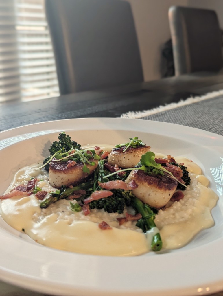 Seared South Carolina Scallops, Charred Broccolini, Bacon, Clemson Blue Cheese Grits with Habanero Butter Sauce - Portrait