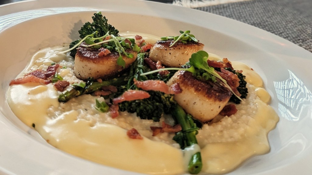 Seared South Carolina Scallops, Charred Broccolini, Bacon, Clemson Blue Cheese Grits with Habanero Butter Sauce - Close