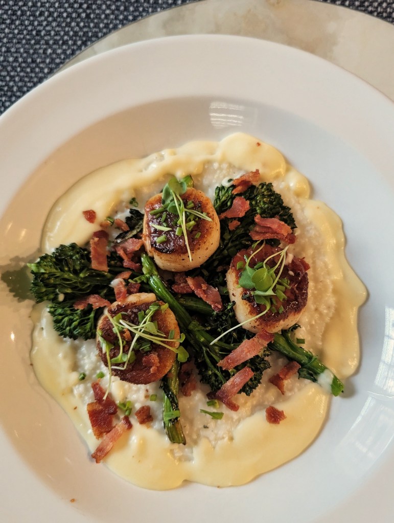 Seared South Carolina Scallops, Charred Broccolini, Bacon, Clemson Blue Cheese Grits with Habanero Butter Sauce - Top